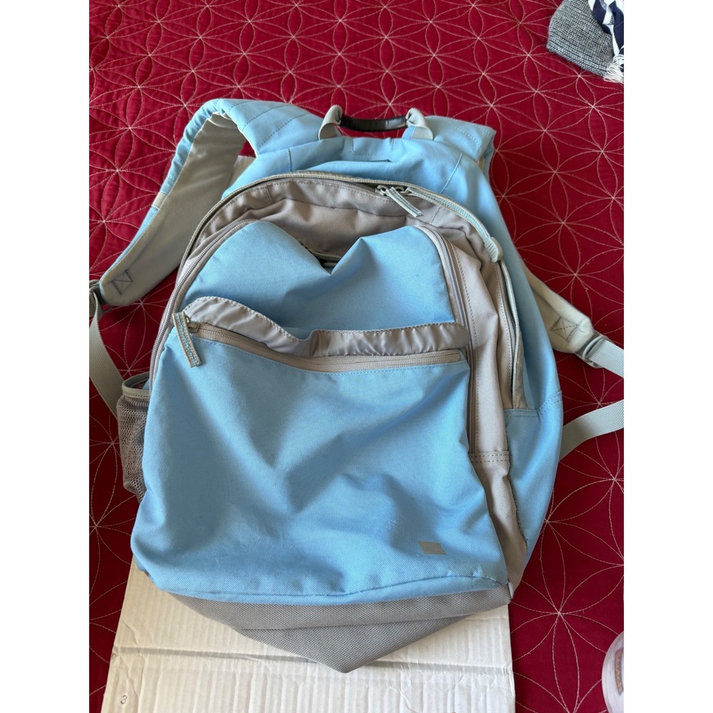 LL Bean Light Blue Grey Backpack School Travel Daypack Reflective Trim Canvas